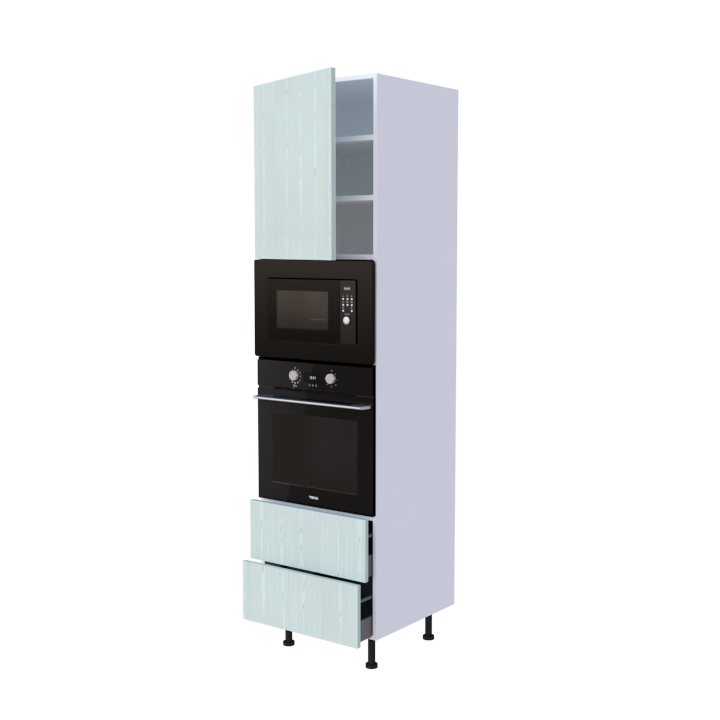 Colonne 1 placard + 2 tiroirs + four et micro-onde L60 x H220 x P58 - Vert Sauge Sculpté - meuble livré monté